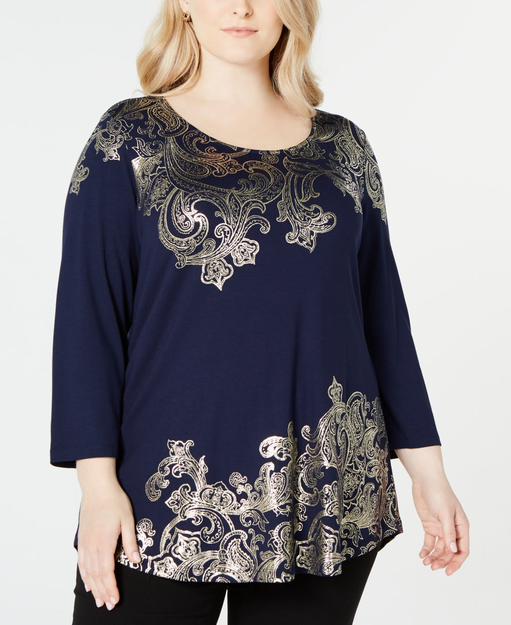 JM Collection Top feminino plus size com estampa metálica azul tamanho 0X