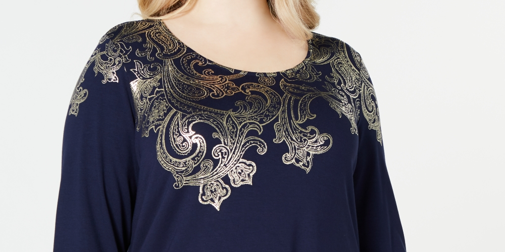 JM Collection Top feminino plus size com estampa metálica azul tamanho 0X