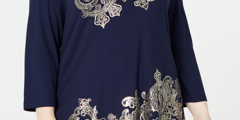 JM Collection Top feminino plus size com estampa metálica azul tamanho 0X