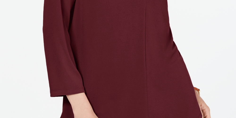 Charter Club Blusa feminina com decote plissado e manga 3/4, vinho, tamanho pequeno G