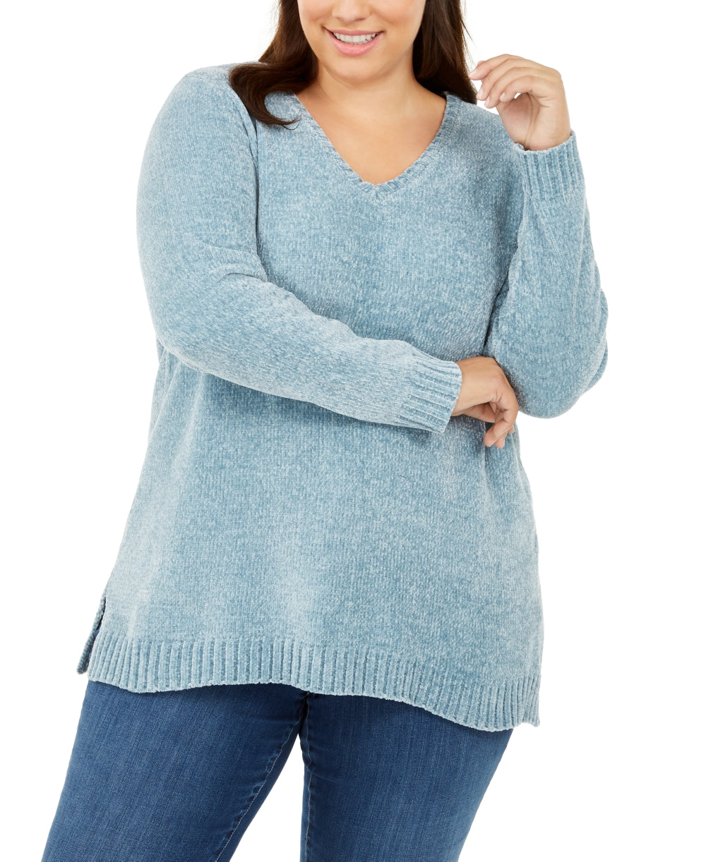 Karen Scott Suéter Feminino Plus com Gola V em Chenille Azul Pastel Tamanho 1X