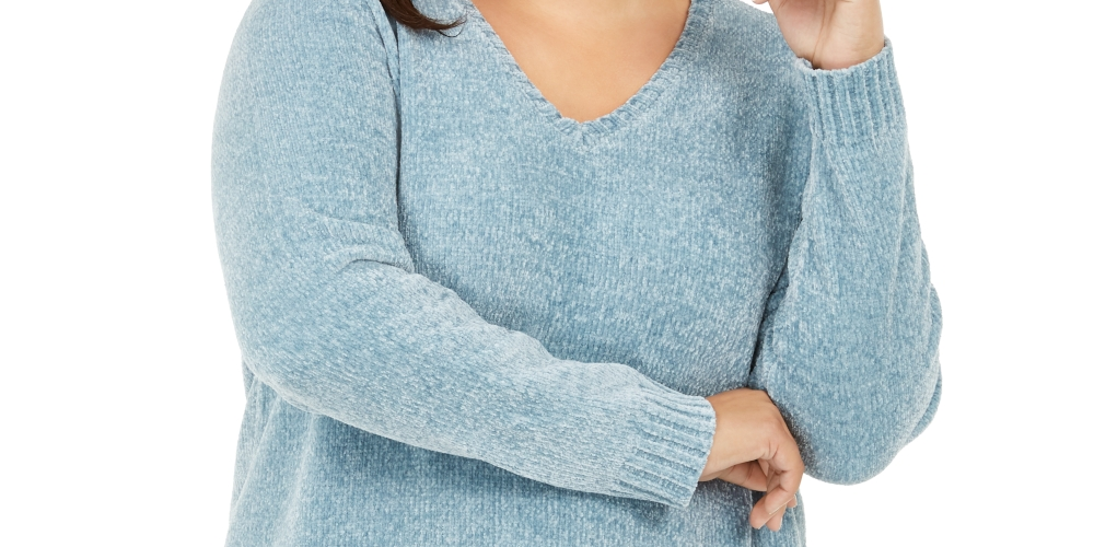 Karen Scott Suéter Feminino Plus com Gola V em Chenille Azul Pastel Tamanho 1X