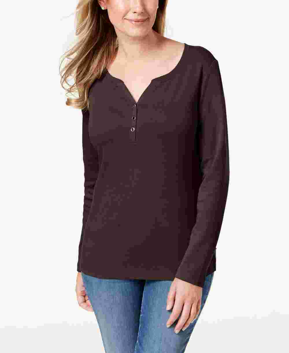 Karen Scott Feminino Algodão Henley Topl Marrom Grande