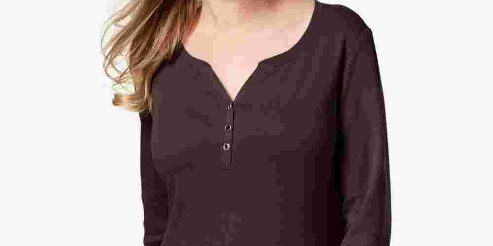 Karen Scott Feminino Algodão Henley Topl Marrom Grande