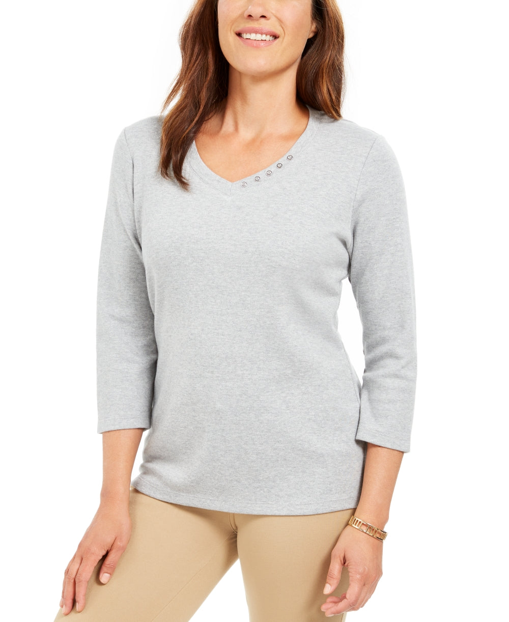 Karen Scott Blusa de algodão com decote em V e ilhós feminina, cinza, tamanho P