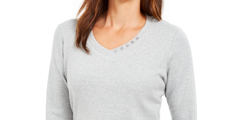 Karen Scott Blusa de algodão com decote em V e ilhós feminina, cinza, tamanho P