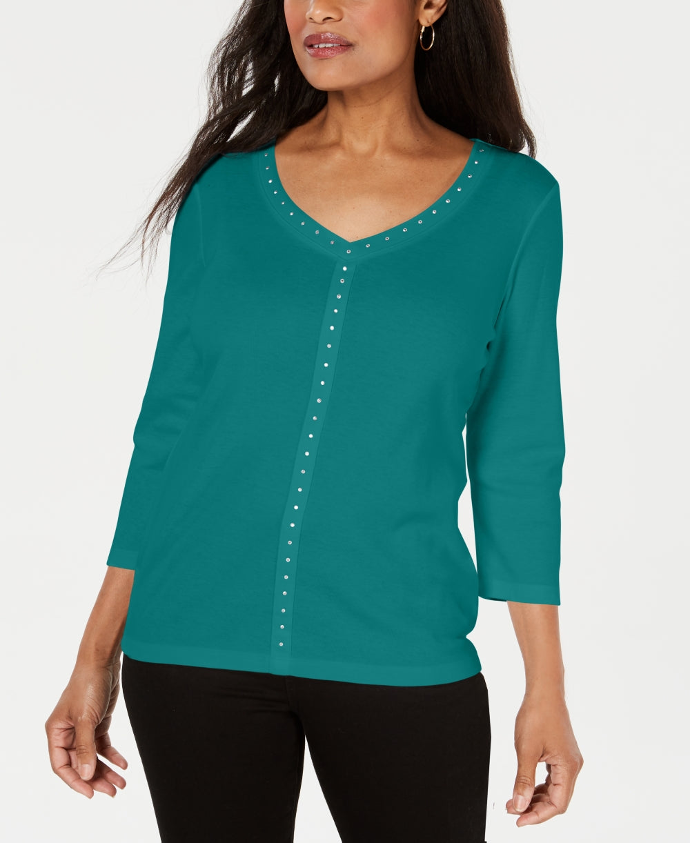 Karen Scott Top Feminino Gola V com Tachas Azul Tamanho XS