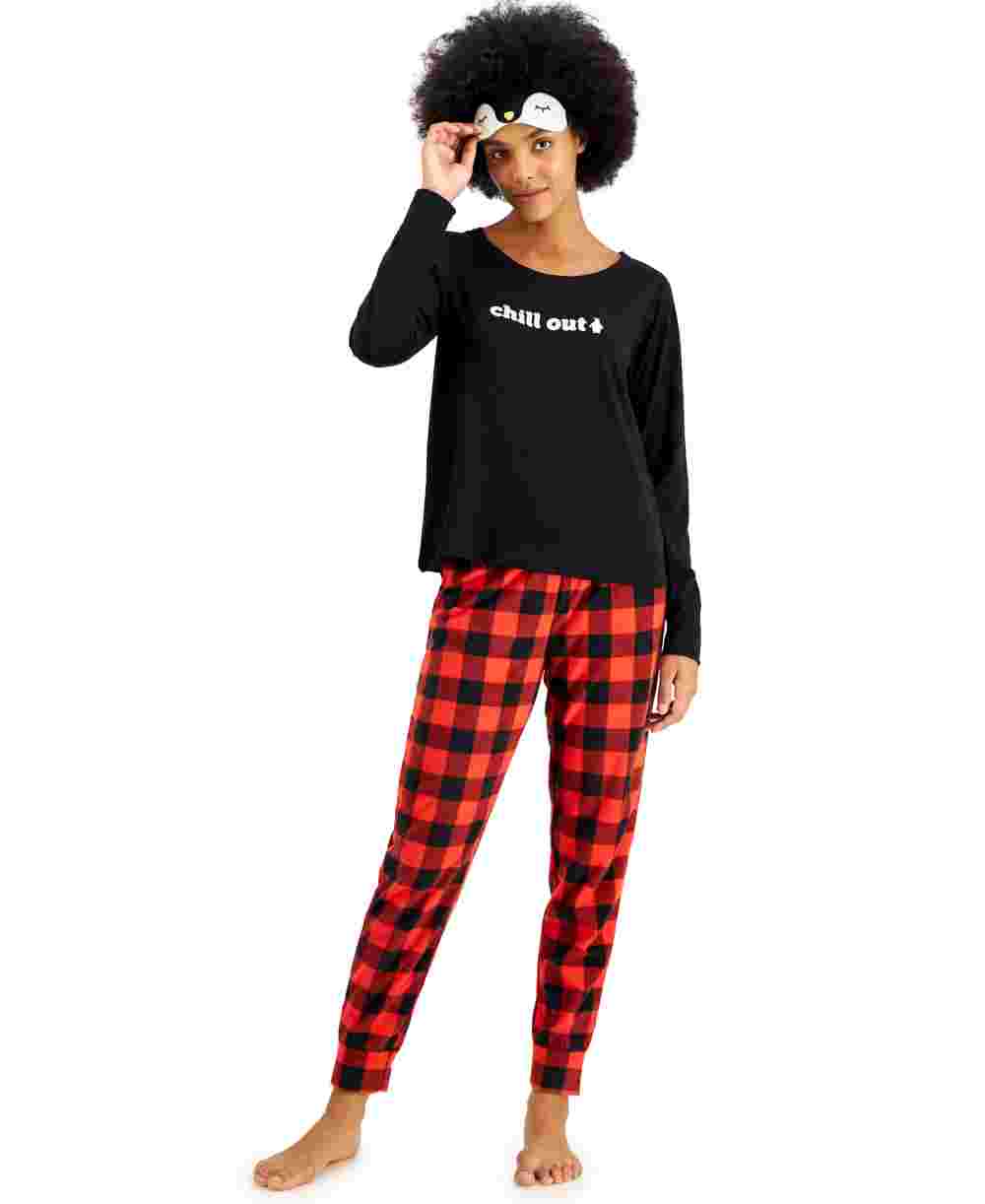 Conjunto de pijama feminino Jenni com calça de lã e máscara para os olhos, 3 peças, vermelho, tamanho extragrande