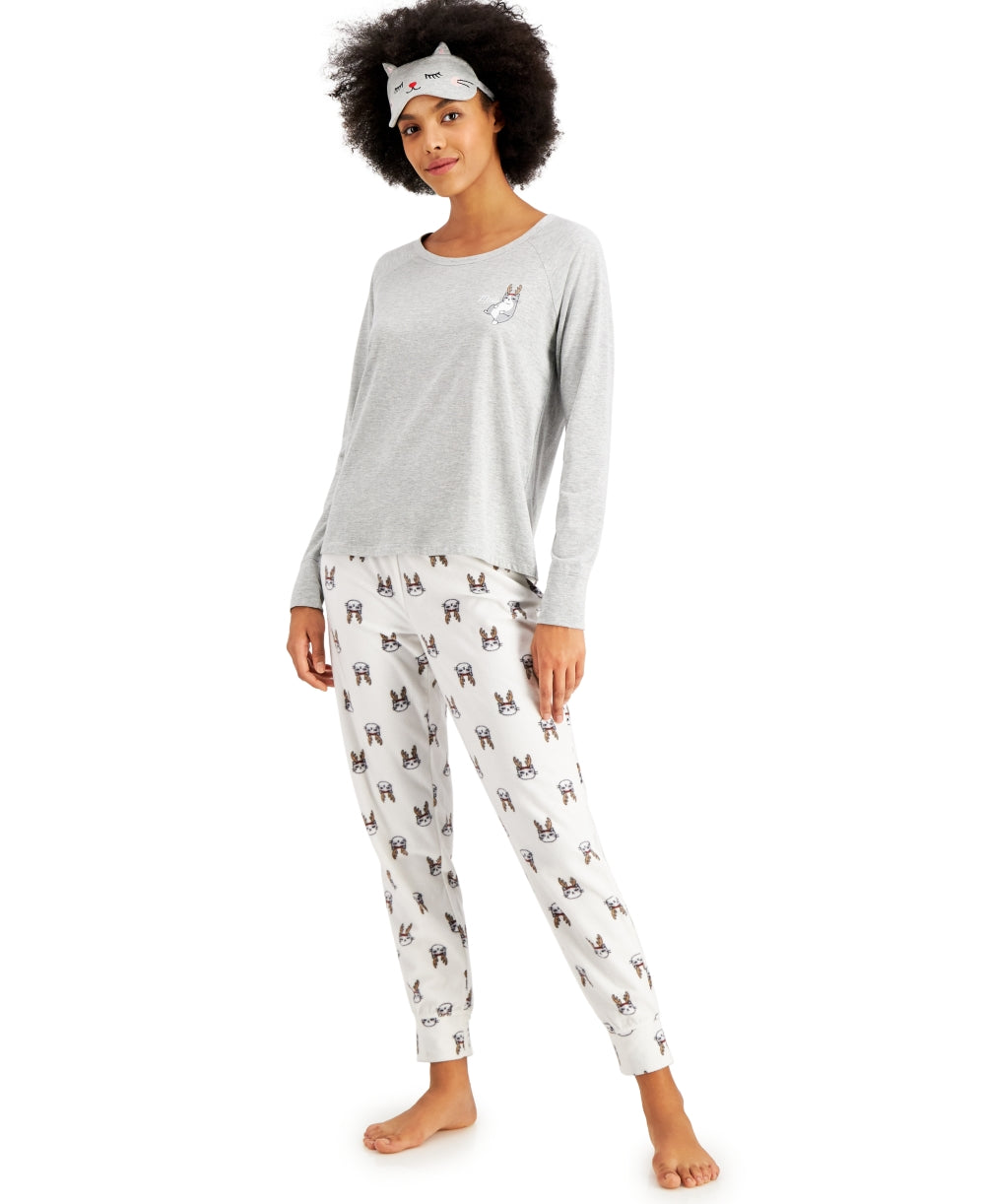 Conjunto de pijama feminino Jenni com calça de lã e máscara para os olhos, 3 peças, cinza, tamanho grande