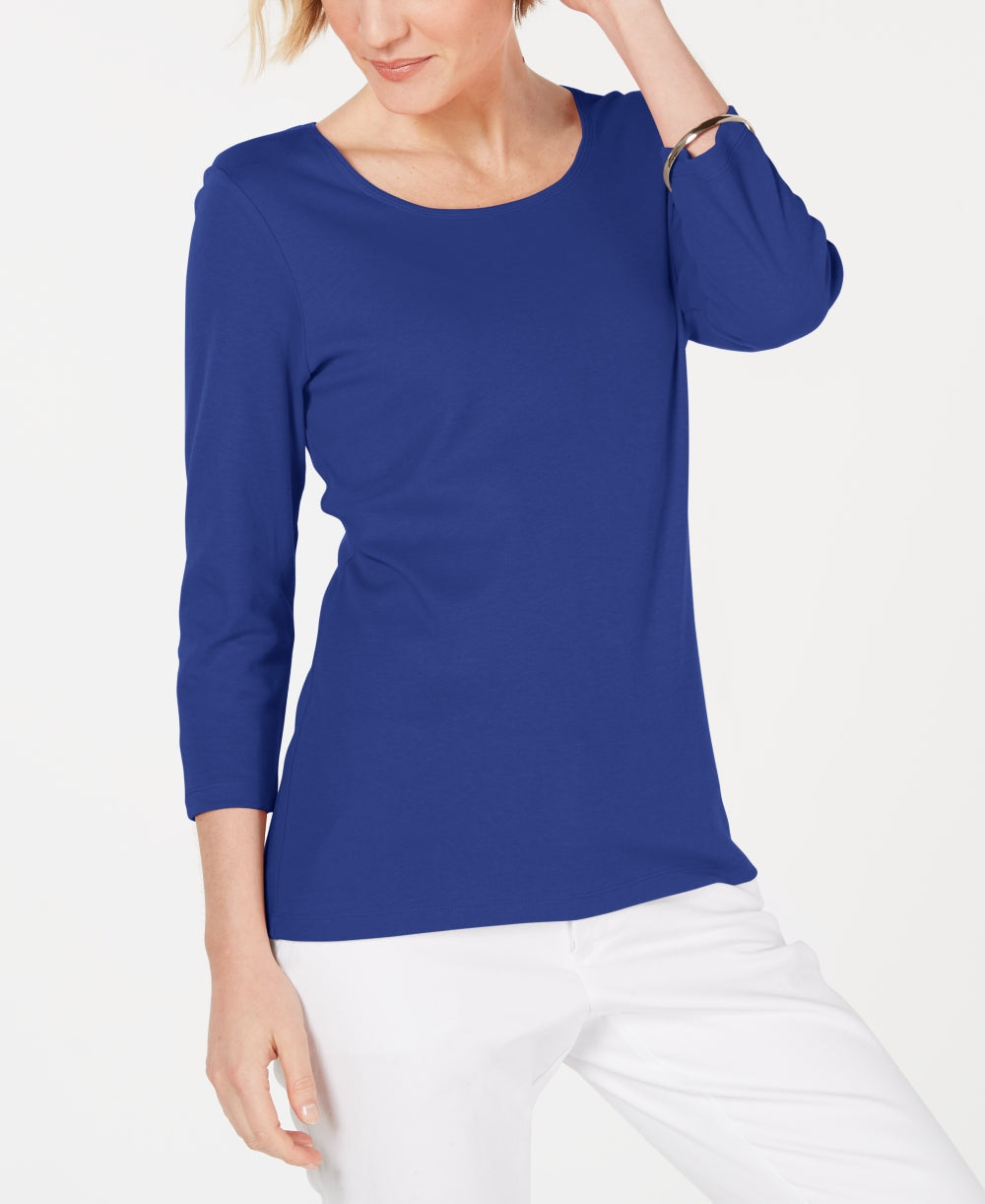 Blusa feminina Karen Scott de algodão com manga 3/4, azul, tamanho extragrande