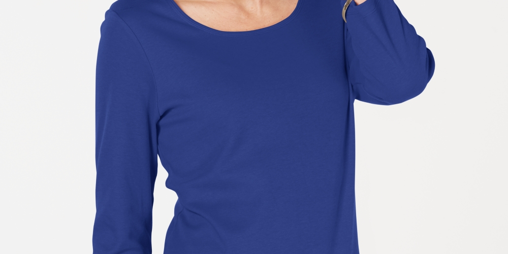 Blusa feminina Karen Scott de algodão com manga 3/4, azul, tamanho extragrande