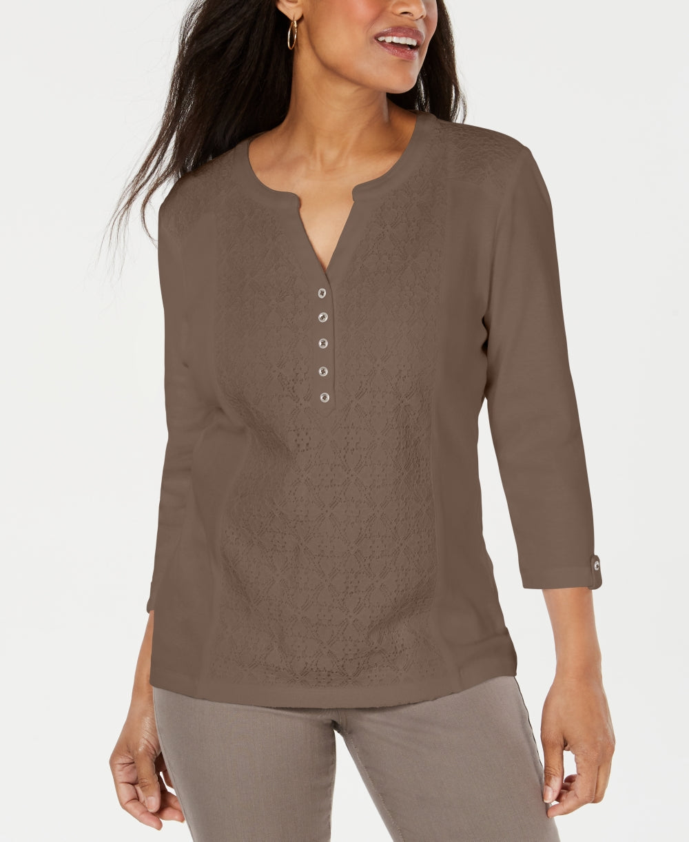Karen Scott Top Henley Feminino com Renda Frontal Marrom Tamanho X-S