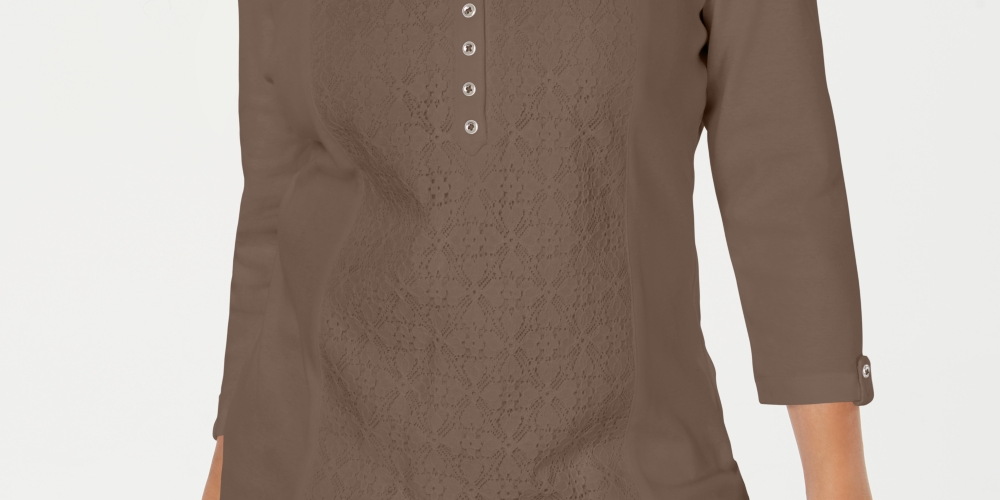 Karen Scott Top Henley Feminino com Renda Frontal Marrom Tamanho X-S