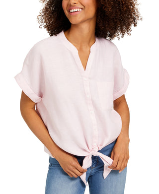 Camisa feminina Charter Club de linho com botões frontais e amarração, rosa, tamanho grande