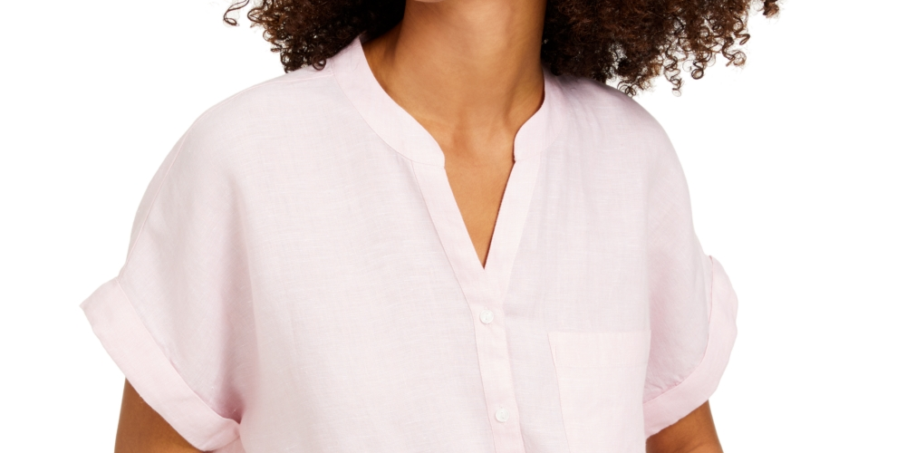 Camisa feminina Charter Club de linho com botões frontais e amarração, rosa, tamanho grande
