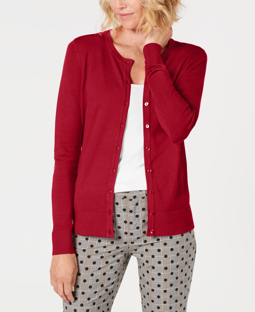 Cardigan feminino com gola redonda Charter Club, vermelho, tamanho pequeno, médio