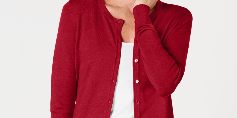 Cardigan feminino com gola redonda Charter Club, vermelho, tamanho pequeno, médio