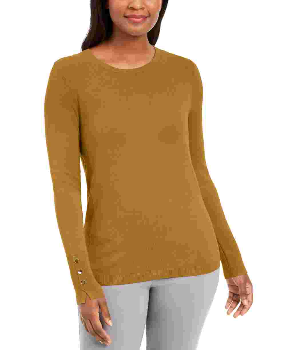 JM Collection Blusa feminina lisa de manga comprida com decote em joia, tamanho dourado, pequena, média