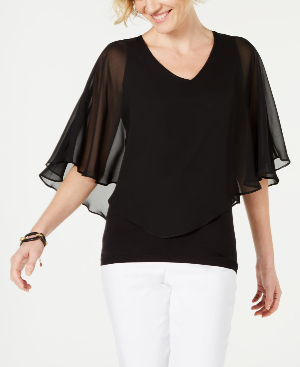JM Collection Blusa feminina lisa com decote em V e sobreposição de chiffon, preta, tamanho extragrande