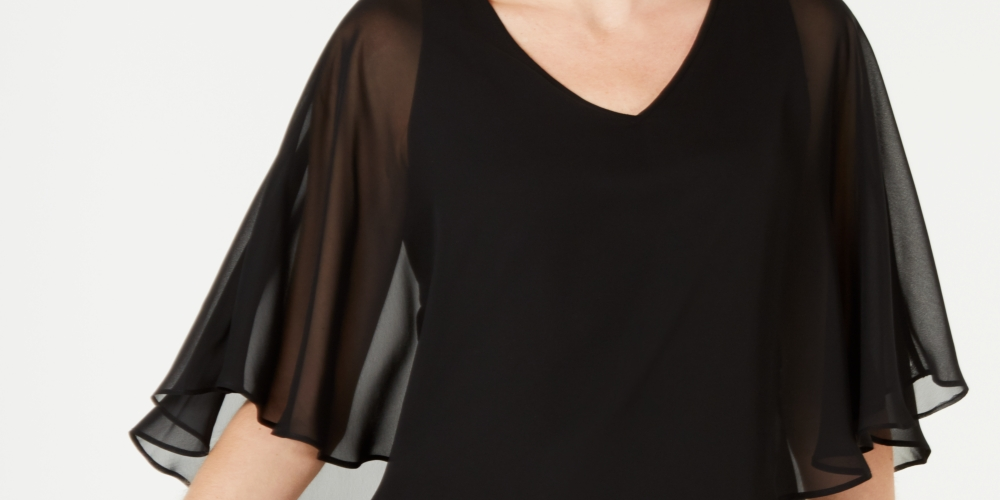 JM Collection Blusa feminina lisa com decote em V e sobreposição de chiffon, preta, tamanho extragrande