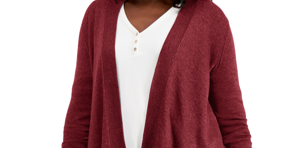 Cardigan feminino com bainha texturizada e frente em cascata, tamanho grande, vermelho, da coleção JM
