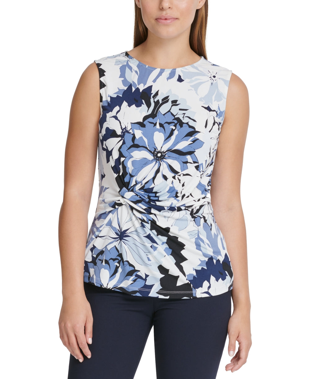 Top DKNY feminino com estampa floral e nó lateral, azul, tamanho extragrande
