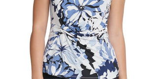 Top DKNY feminino com estampa floral e nó lateral, azul, tamanho extragrande