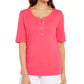 Karen Scott Blusa feminina de algodão com cadarço e manga cotovelo, rosa, tamanho pequeno