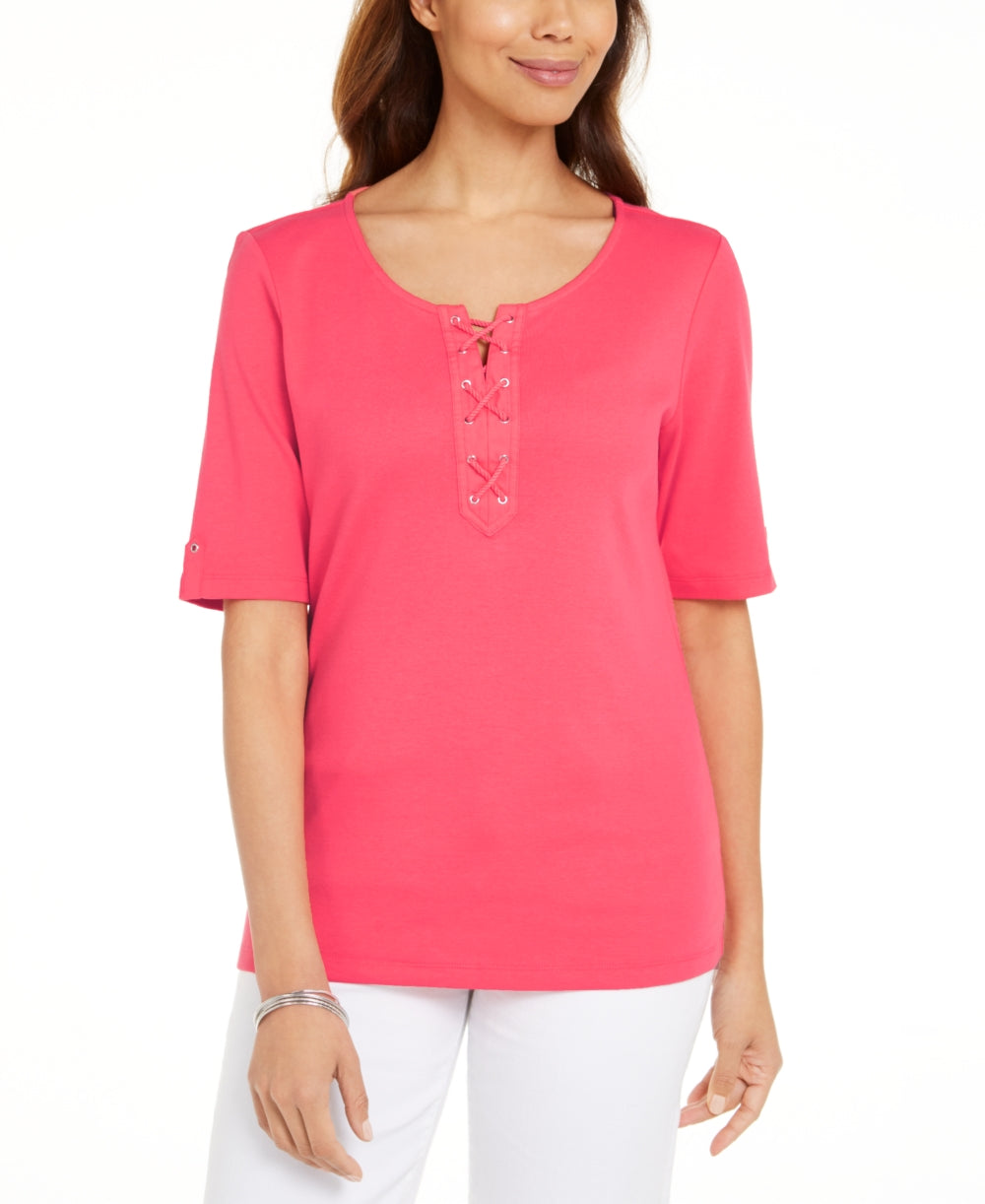 Karen Scott Blusa feminina de algodão com cadarço e manga cotovelo, rosa, tamanho pequeno