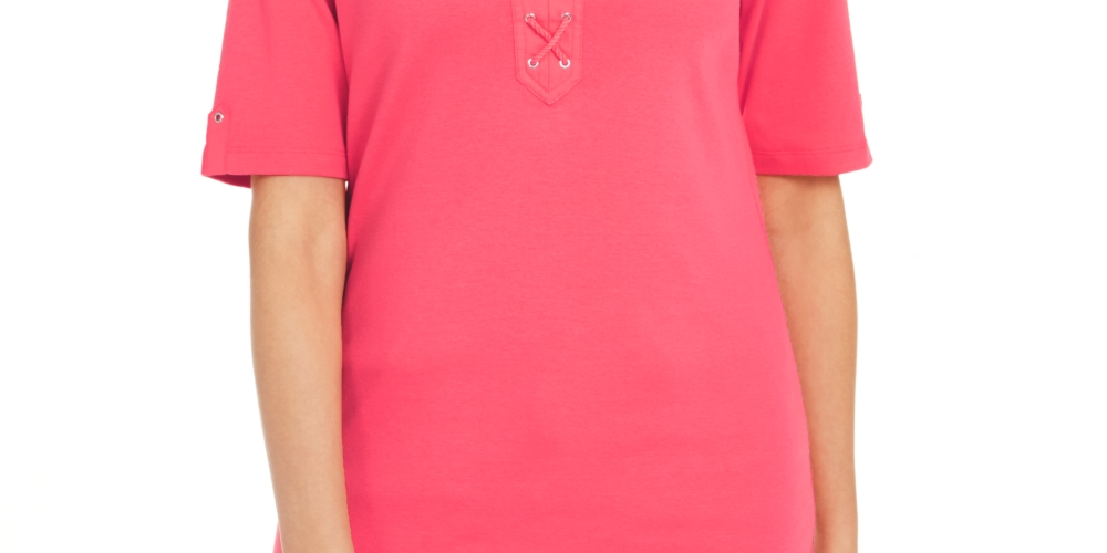 Karen Scott Blusa feminina de algodão com cadarço e manga cotovelo, rosa, tamanho pequeno