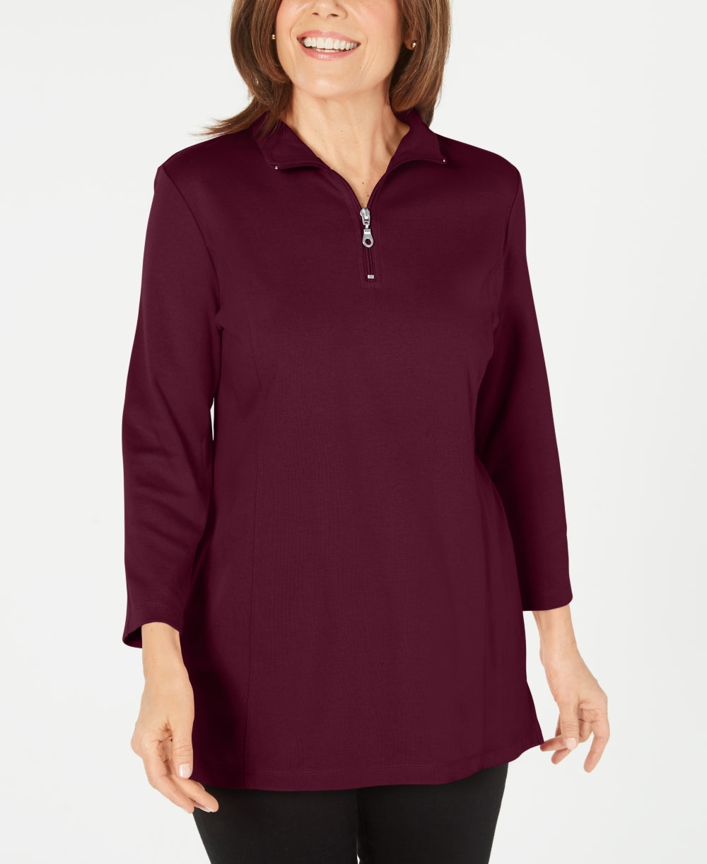 Karen Scott Blusa Feminina de Algodão com Gola Redonda e Zíper Médio, Vermelha, Tamanho Médio