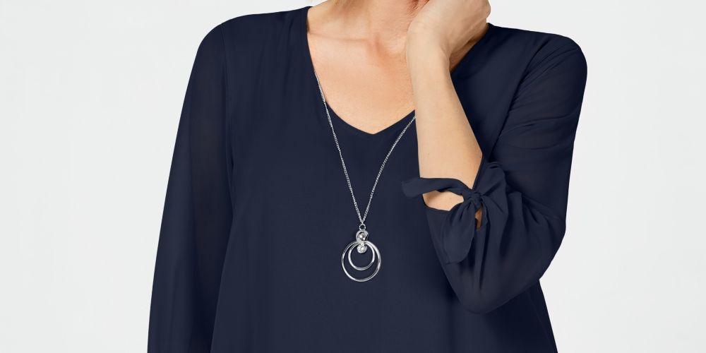 JM Collection Top de chiffon com punho e gravata feminino, azul, tamanho pequeno G