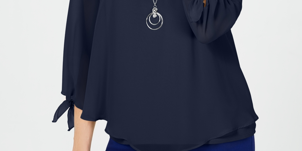 JM Collection Top de chiffon com punho e gravata feminino, azul, tamanho pequeno G