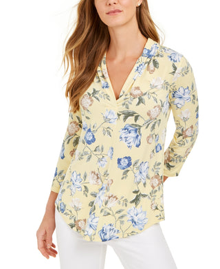 Top feminino estampado com decote em V, amarelo, tamanho médio, Charter Club