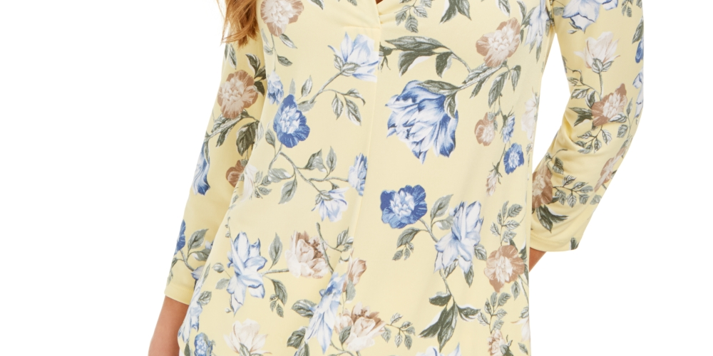 Top feminino estampado com decote em V, amarelo, tamanho médio, Charter Club