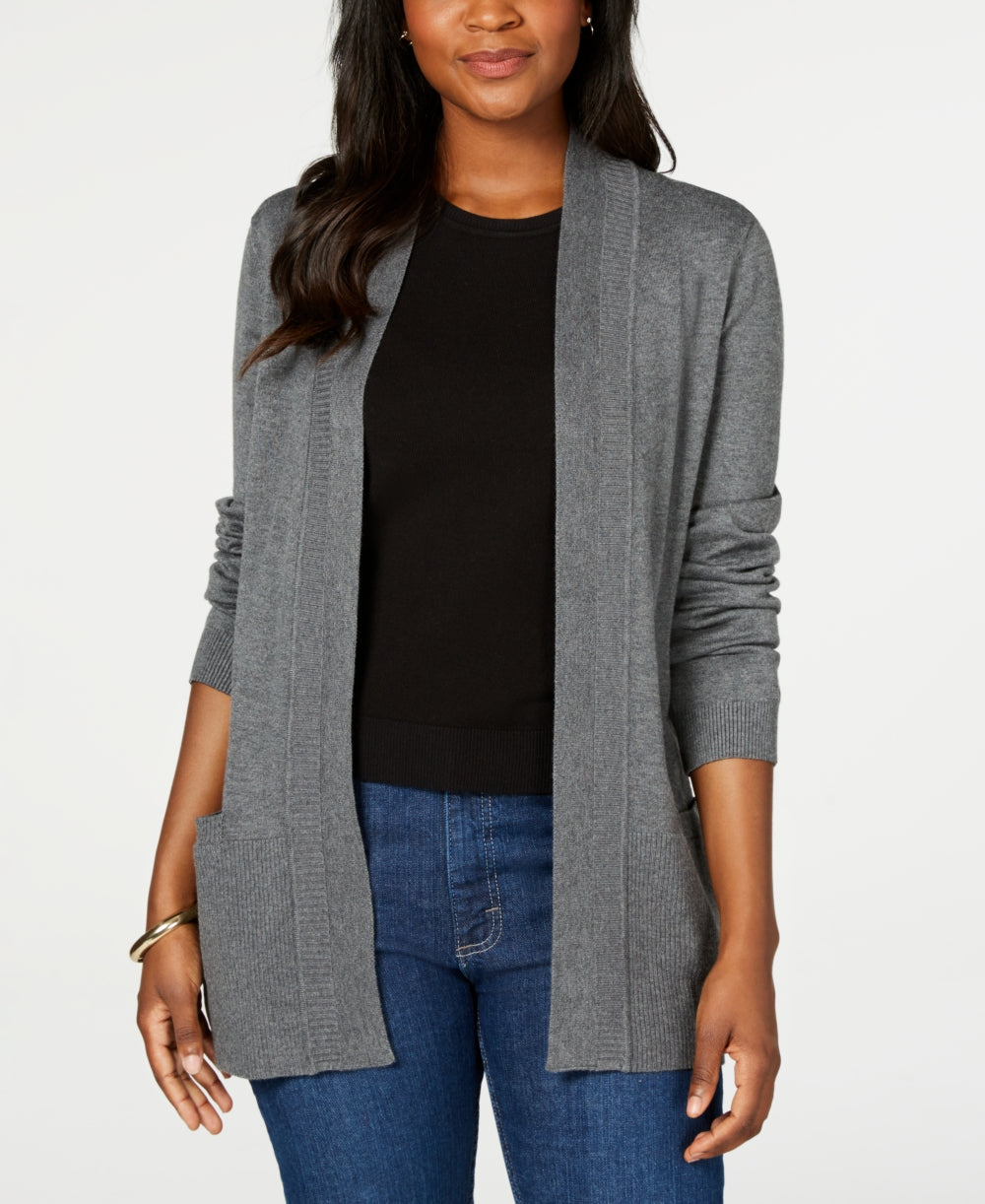 Karen Scott Cardigan Feminino de Algodão com Frente Aberta, Cinza Escuro, Tamanho Médio