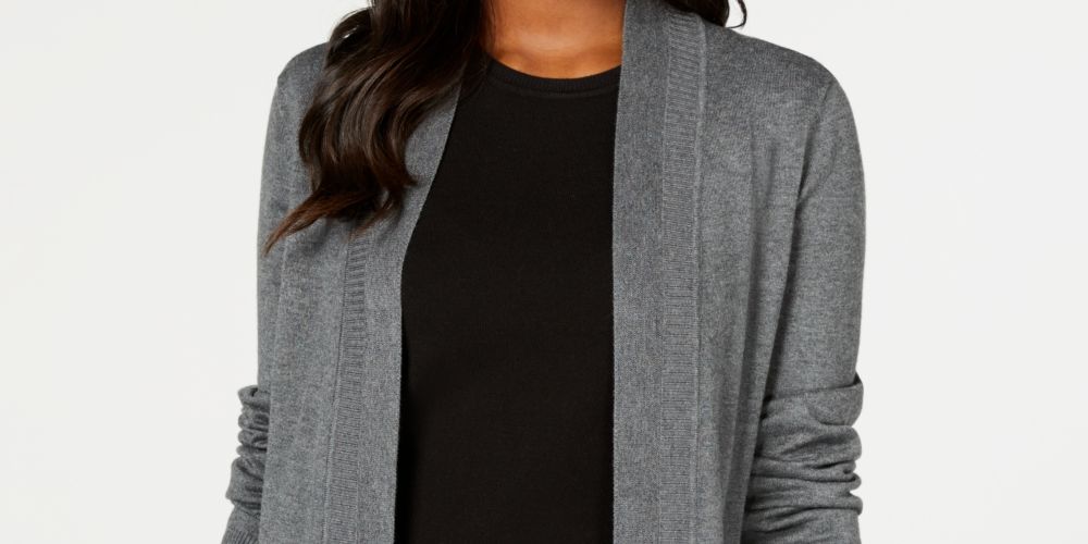 Karen Scott Cardigan Feminino de Algodão com Frente Aberta, Cinza Escuro, Tamanho Médio