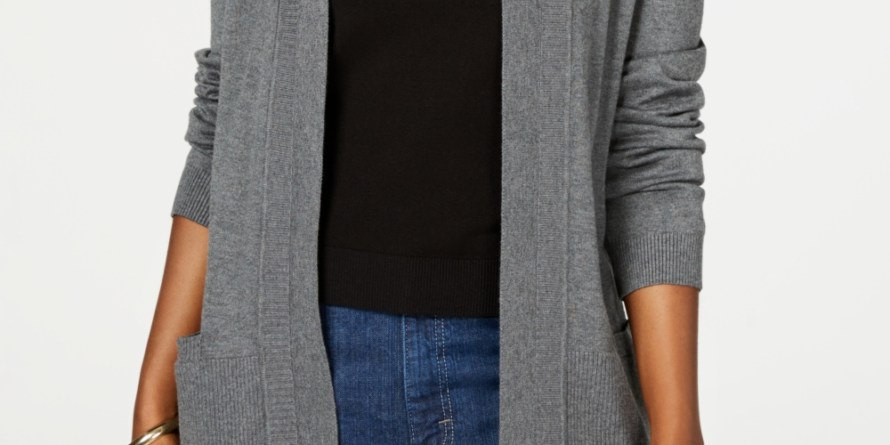 Karen Scott Cardigan Feminino de Algodão com Frente Aberta, Cinza Escuro, Tamanho Médio