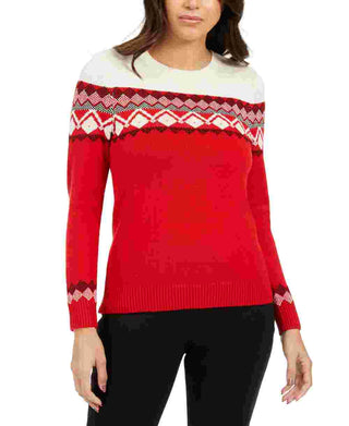 Suéter feminino Fair Isle com blocos de cores, vermelho, tamanho pequeno médio