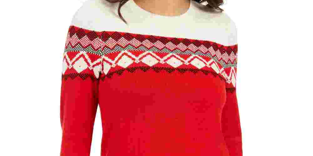 Suéter feminino Fair Isle com blocos de cores, vermelho, tamanho pequeno médio