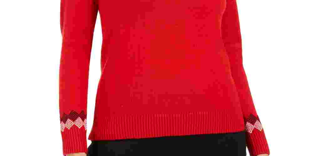 Suéter feminino Fair Isle com blocos de cores, vermelho, tamanho pequeno médio
