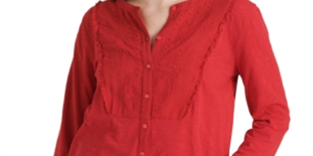 Blusa feminina de manga comprida com decote em V, vermelha, tamanho X-S