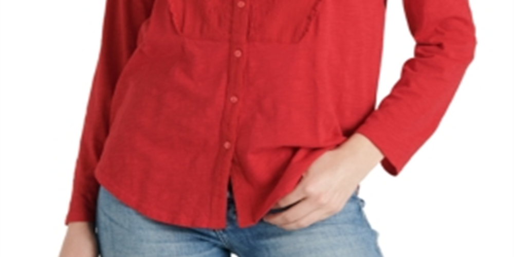 Blusa feminina de manga comprida com decote em V, vermelha, tamanho X-S