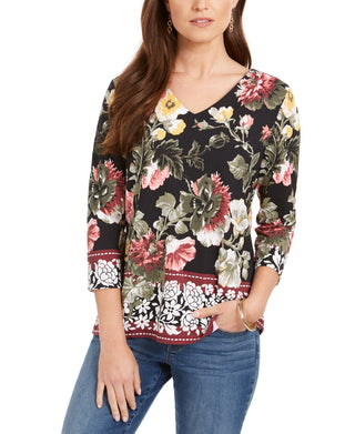 Charter Club Feminino Garden Estampado Gola V Top Preto Tamanho Grande