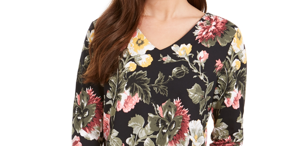Charter Club Feminino Garden Estampado Gola V Top Preto Tamanho Grande