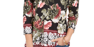 Charter Club Feminino Garden Estampado Gola V Top Preto Tamanho Grande