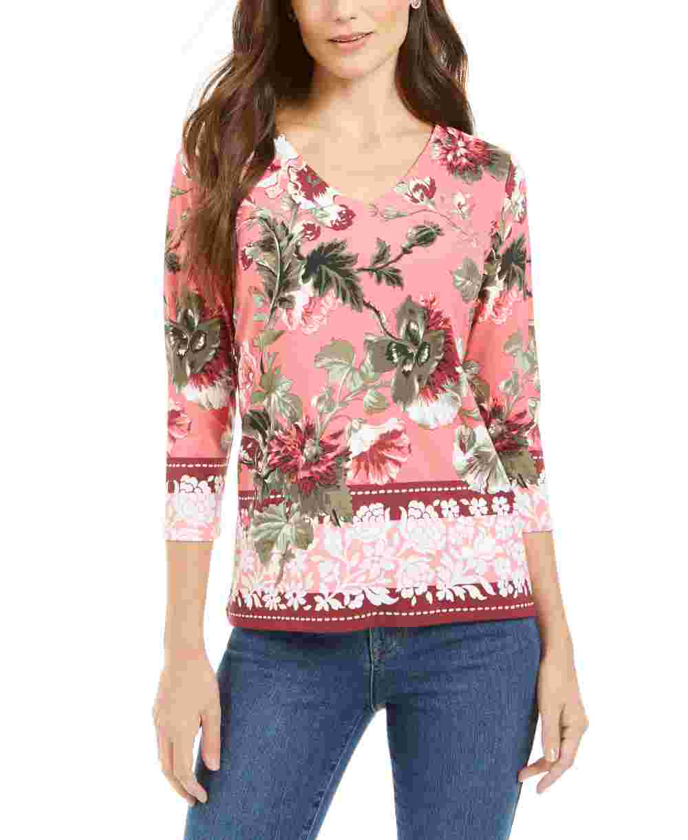 Charter Club Feminino Garden Estampado Gola V Top Rosa Tamanho X-G
