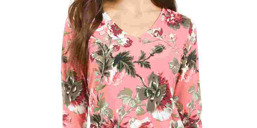 Charter Club Feminino Garden Estampado Gola V Top Rosa Tamanho X-G