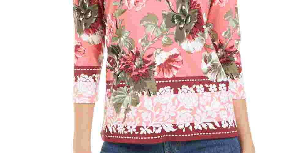 Charter Club Feminino Garden Estampado Gola V Top Rosa Tamanho X-G