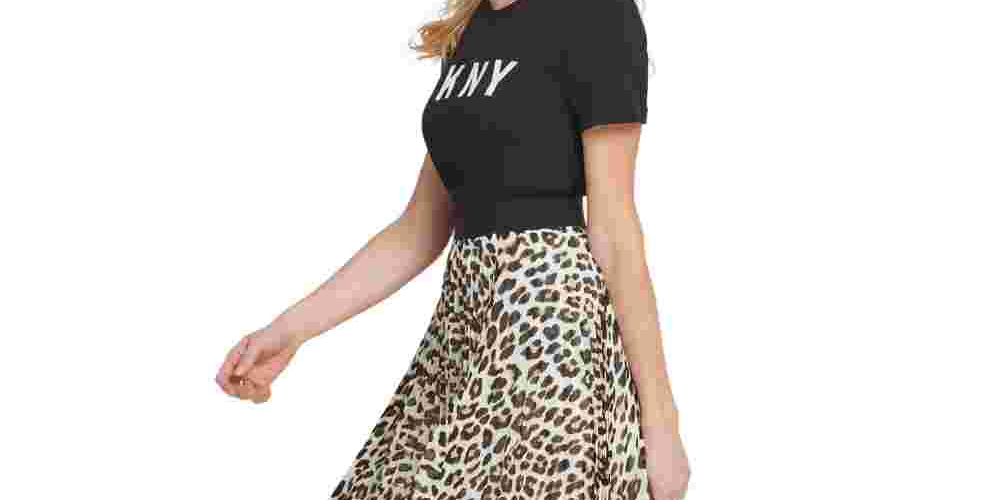 Saia midi plissada feminina DKNY amarela/preta tamanho médio